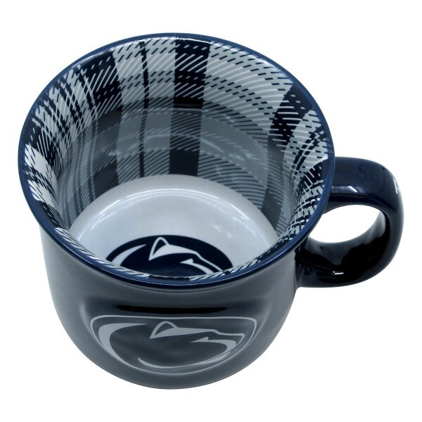 camp mug showing plaid interior with Penn State Athletic Logo on bottom